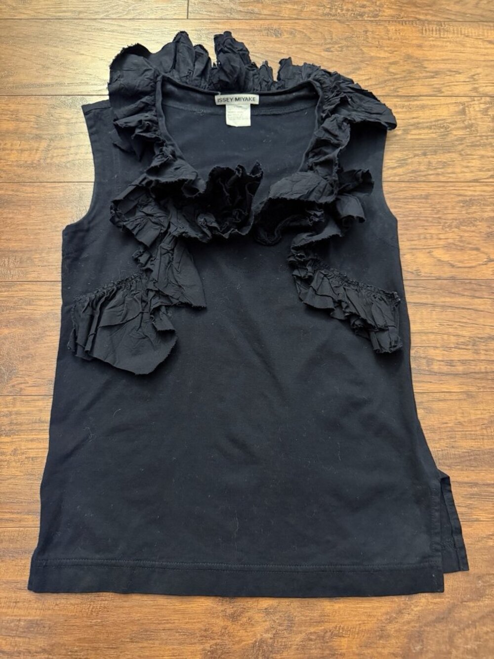 Vintage Issey Miyake Sz 3 Made In Japan Cotton Ruffle Dark Blue Tank Top Blouse